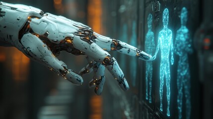 Futuristic robot hand interacting with glowing human figure interface. Generative AI