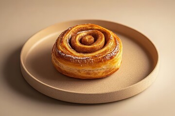Fototapeta premium Warm, fluffy cinnamon roll resting on a minimalist plate inviting moments of pure indulgence and sweet delight