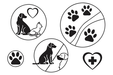  Animal rights icons, line drawings, black and white, minimalist design, paw prints, hearts, pets, wildlife, veterinary symbols, adoption, rescue, protection, animal welfare, circular icons, vector gr