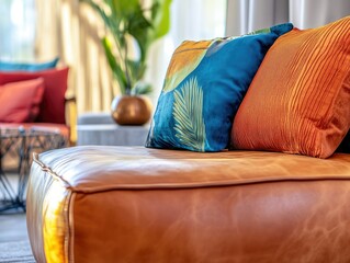 Contemporary Living Room Couch with Colorful Pillows and Accent Chair