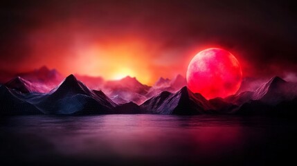 Retro-futuristic neon landscape with glowing sun and mountains. Generative AI