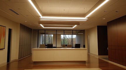 Modern Office Reception Area with Sleek Lighting and Wood Accents and multiple desktops