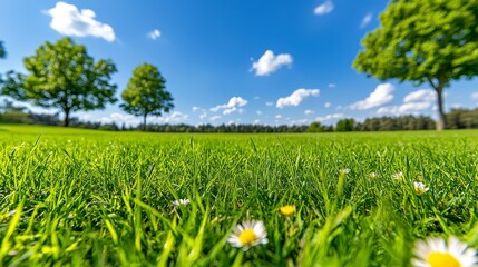 Obraz premium Bright Sunny Day Lush Green Grass Field with Daisies and Trees