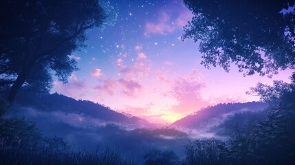 A serene landscape at twilight, showcasing a colorful sky and misty hills.