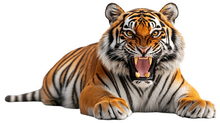 Obraz premium A majestic tiger lying isolated on white background. The tiger’s head is raised high, its mouth wide open, revealing sharp, menacing fangs, expressing hunger, dominance, and raw power. PNG file