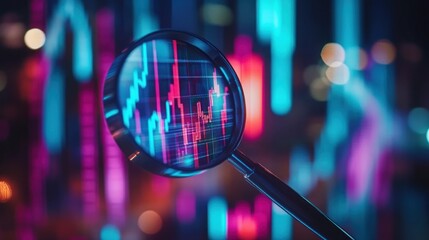 Magnifying glass analyzes stock market data at night