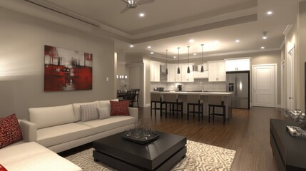 Modern apartment living room kitchen open plan design rendering
