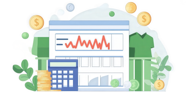 The calculator and coins on the table, the chart displayed on the computer screen