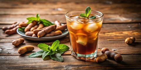Fresh tamarind juice poured into a glass filled with ice and garnished with fresh mint leaves on a wooden table , juice, mint