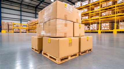 Brown Cardboard Boxes Stacked On Pallets In A Modern Warehouse