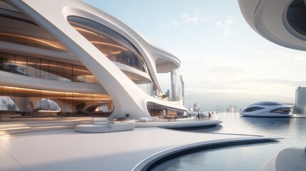 Futuristic waterfront building lobby, people relaxing, cityscape background, luxury real estate