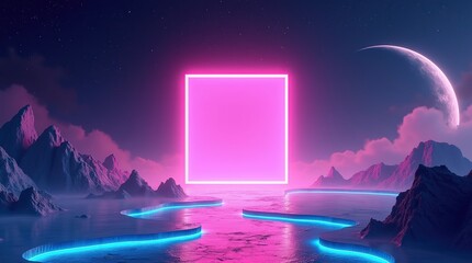 Abstract background with a mesmerizing neon geometric square portal, creating a sense of mystery and allure. Perfect as a striking wallpaper or graphic design element.