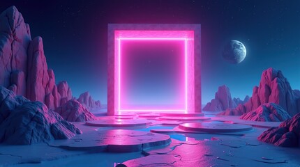 Abstract background with a mesmerizing neon geometric square portal, creating a sense of mystery and allure. Perfect as a striking wallpaper or graphic design element.