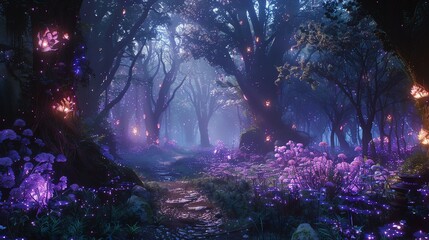 A magical forest with glowing mushrooms and plants.