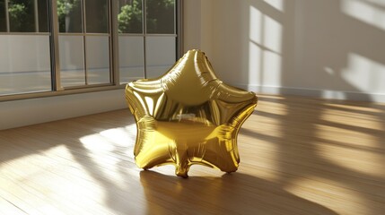 Golden star balloon on hardwood floor, sunlit room, celebration