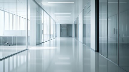 Modern office hallway with glass walls and shiny floor creates a sense of space and light
