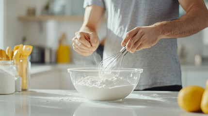 Cooking enthusiast prepares batter using a whisk with fresh ingredients in a bright kitchen