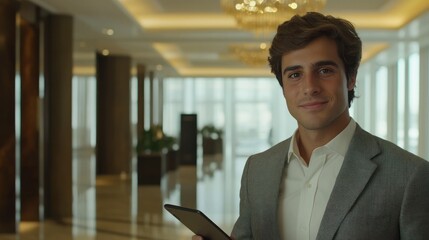 Fototapeta premium Confident businessman smiles, holding tablet, hotel lobby, blurred background
