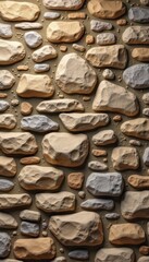 A textured wall featuring various-sized stones in earthy tones, perfect for interior design, architecture, or background settings.