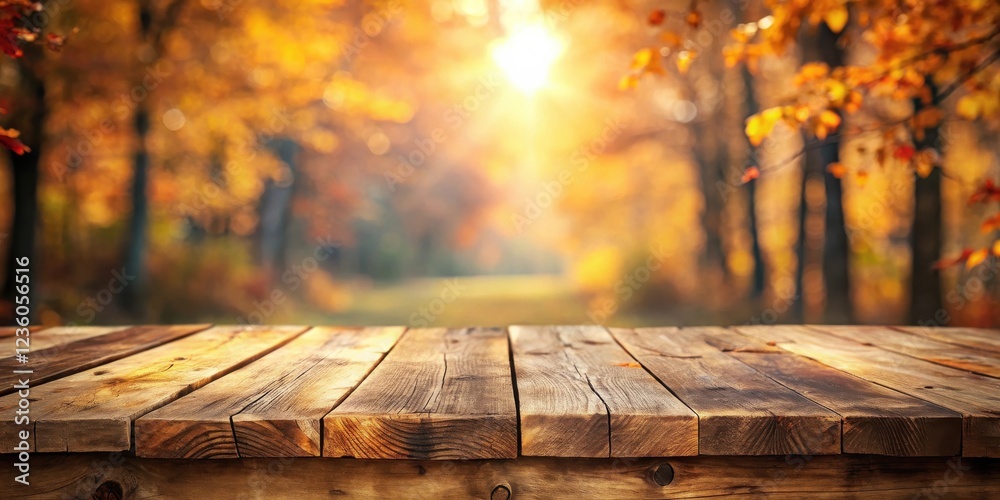 Poster rustic wooden tabletop against a blurry background of autumnal forest colors with sunlight streaming