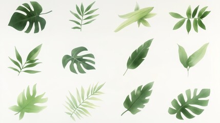 Collection of tropical leaves in watercolor on white background isolated. Generative AI