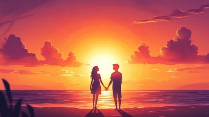 Romantic sunset silhouette of couple holding hands on beach