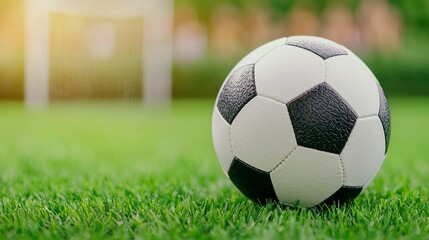 Fototapeta premium Close Up Wet Soccer Ball On Green Artificial Turf With Blurred Goal In Soft Sunlight