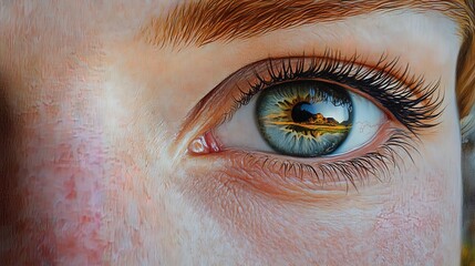 Fototapeta premium Close-up of a person eyes reflecting a beautiful landscape, capturing the essence of wonder and mental peace 