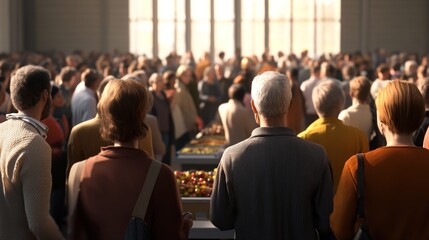 Obraz premium Diverse crowd attending indoor event, sunlight streaming through large windows