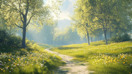 Fototapeta premium Delicate white spring blossoms illuminated by golden sunset against blurred wildflower field