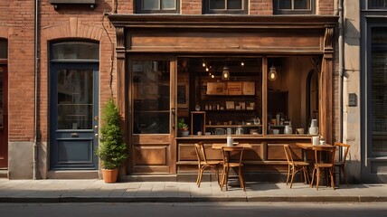 Cozy coffee shop with a charming wooden door and large windows, featuring a blank signboard on a distressed wood frame. The empty space on the board is perfect for adding your custom branding.
