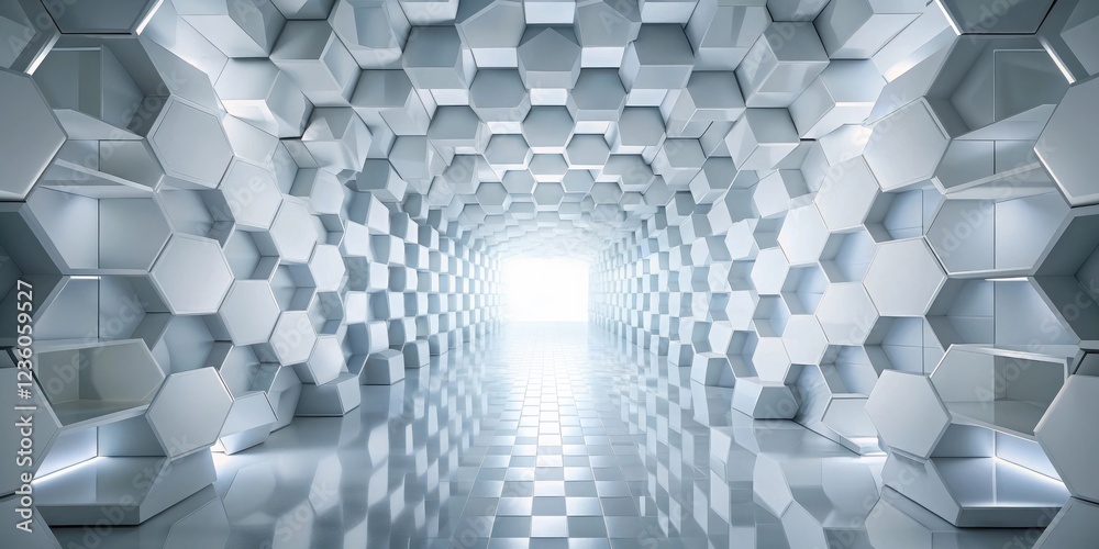Aufkleber Abstract futuristic tunnel made of white hexagonal panels with a glowing light at the end of the hallway