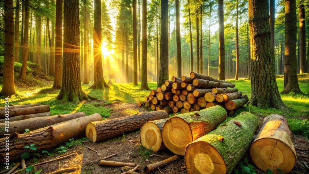 Poster Sunlight filtering through a dense forest canopy illuminates a pile of felled logs, a testament to the cycle of life and the raw beauty of nature.