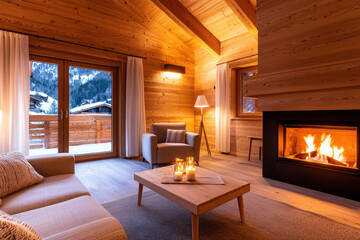 Cozy wooden interior with a warm fireplace and stunning winter view outside.