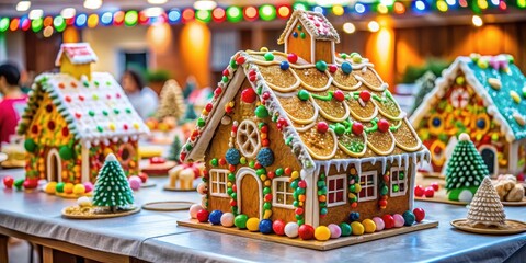 Naklejka premium Colorful gingerbread house displayed on a large table in a crowded event space