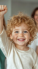 Smiling caucasian child with curly hair celebrating indoors