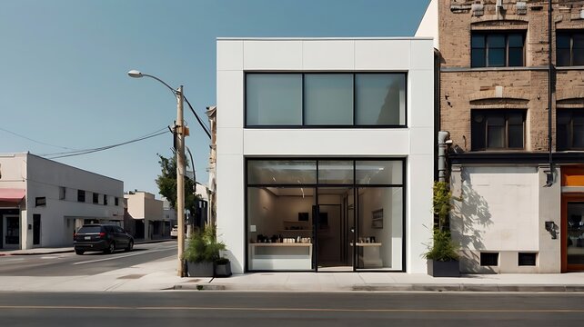  A minimalist storefront with clean white walls and large glass panels, featuring a simple, blank nameboard in a modern sans-serif font style. The surrounding space is open.