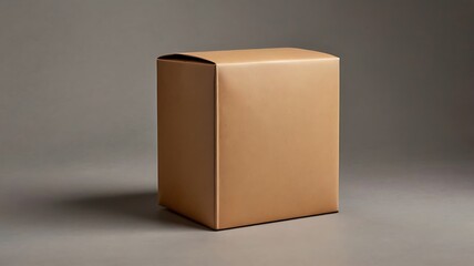 Fototapeta premium Plain cardboard packaging box sitting on a clean, neutral-colored background, with soft shadows that add depth and provide ample space for branding.