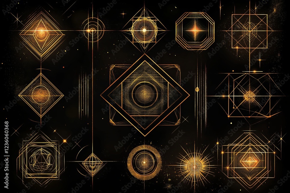 Poster a dark background with golden geometric shapes arranged in an elegant design