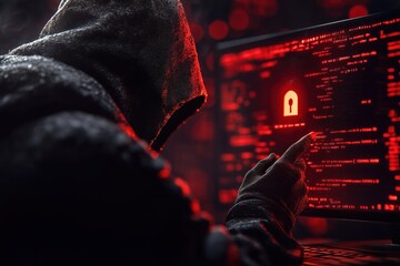 Hacker engaging in cyber activity with glowing computer screen displaying security threats and danger signals