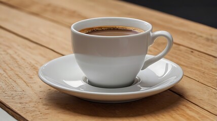 Plain white coffee cup on a saucer, placed on a light wooden table. The cup's surface is smooth, creating a blank canvas for custom branding or design.