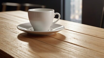 Obraz premium A plain white coffee cup on a saucer, placed on a light wooden table. The cup's surface is smooth, creating a blank canvas for custom branding or design.