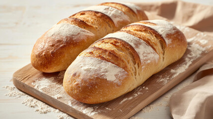 Fototapeta premium Freshly baked artisan bread loaves on a wooden board with flour dust.