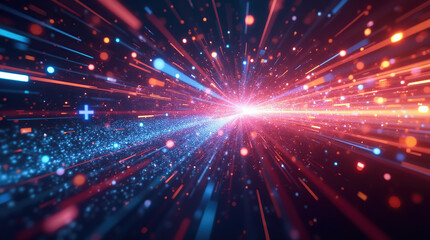 Fototapeta premium Multicolored particle burst with dynamic motion effect and futuristic abstract digital background.