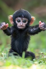 Obraz premium A small monkey sits atop a vibrant green field, offering a delightful scene for various uses