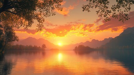 Obraz premium Vibrant sunset over a calm lake, symbolizing reflection and serenity, creating a peaceful atmosphere 