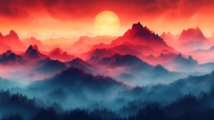 Obraz premium Crimson Sunset Over Misty Mountain Range