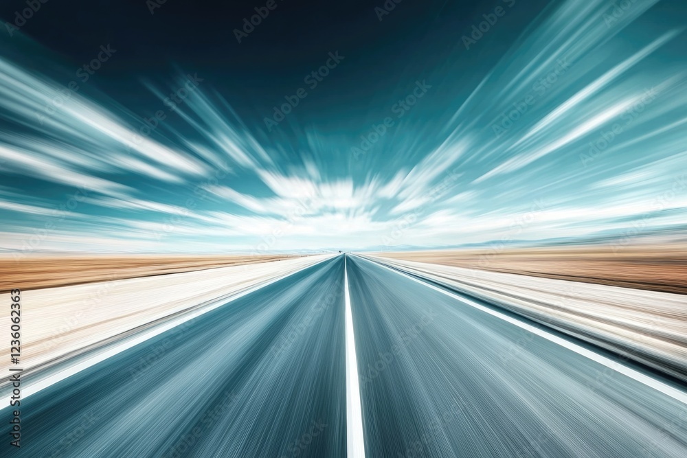 Poster a blurry image of a highway stretching into the distance with a cloudy sky above