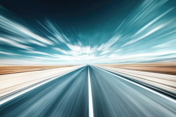 A blurry image of a highway stretching into the distance with a cloudy sky above