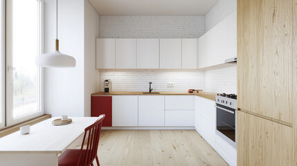 Fototapeta premium Modern and minimalist kitchen design with white cabinets and wooden accents.